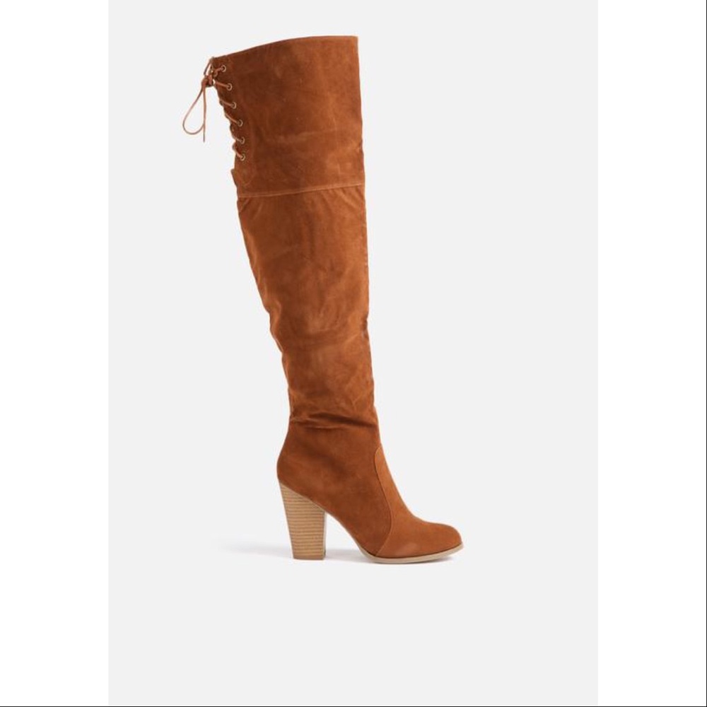 Cognac Lace Up Corset Back Over the Knee Boots - Picture 5 of 5